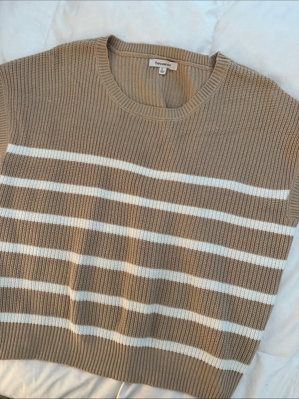 Francesca's Collections Men's Tan Crewneck with White Stripes